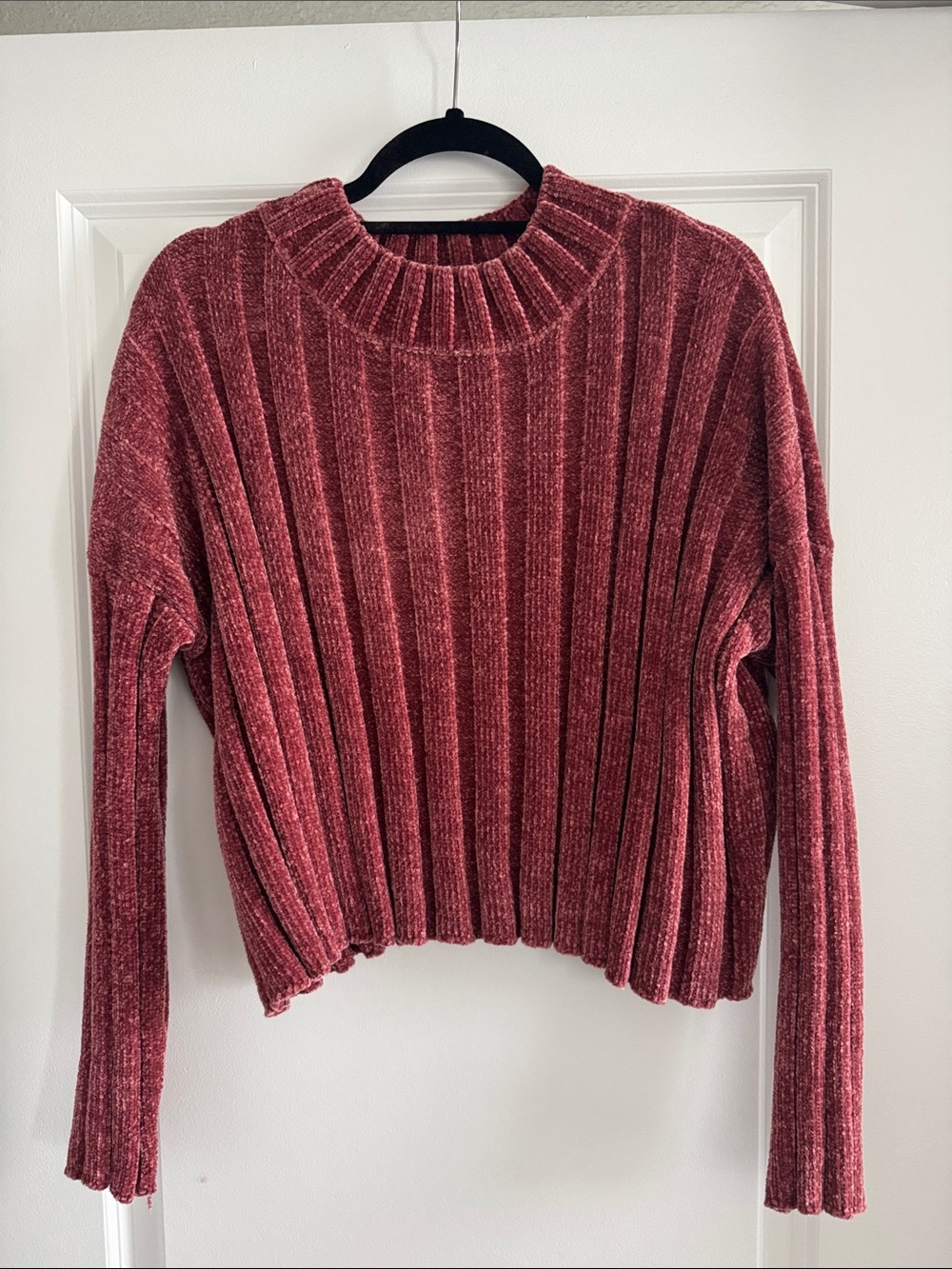 Ribbed Chenille Mock Neck Sweater - Red